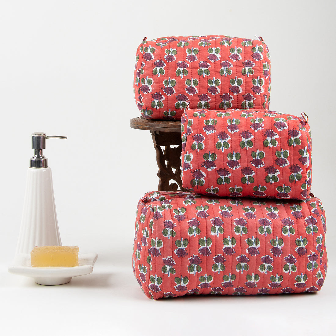Handmade Block Print Red Floral Toiletry Travel Bag