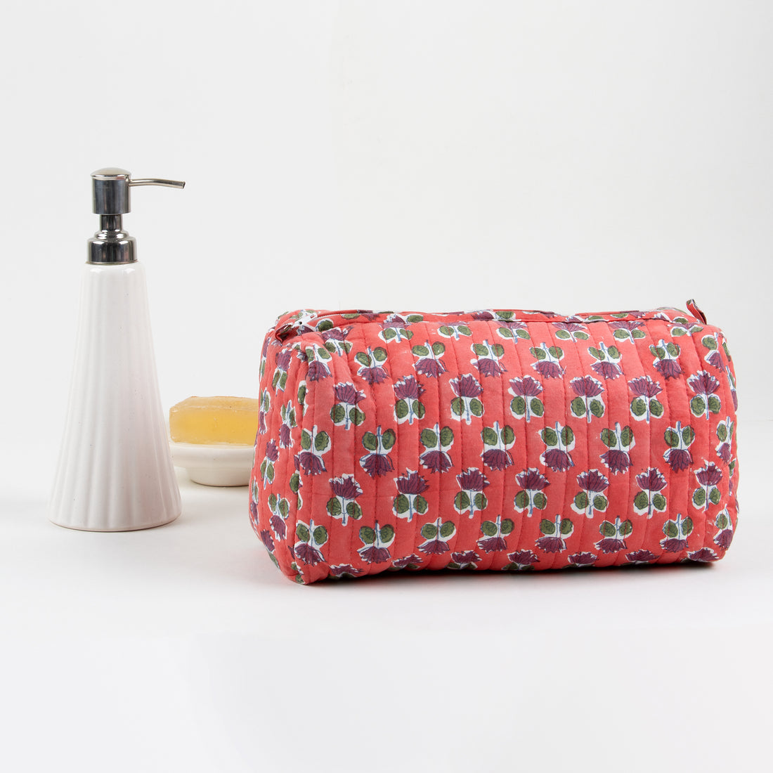 Handmade Block Print Red Floral Toiletry Travel Bag