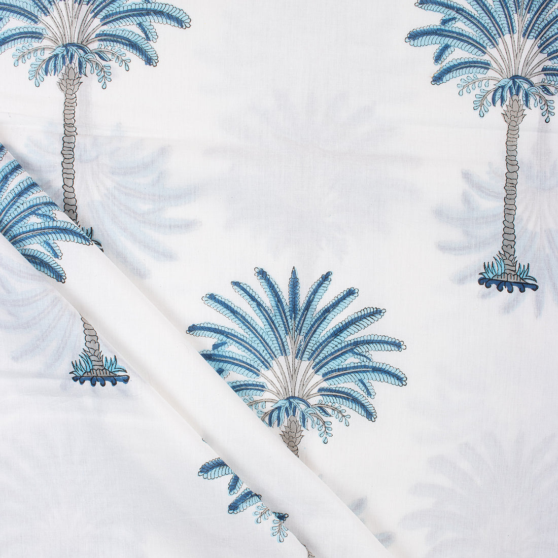 Handmade Blue Palm Tree Block Print Cotton Fabric