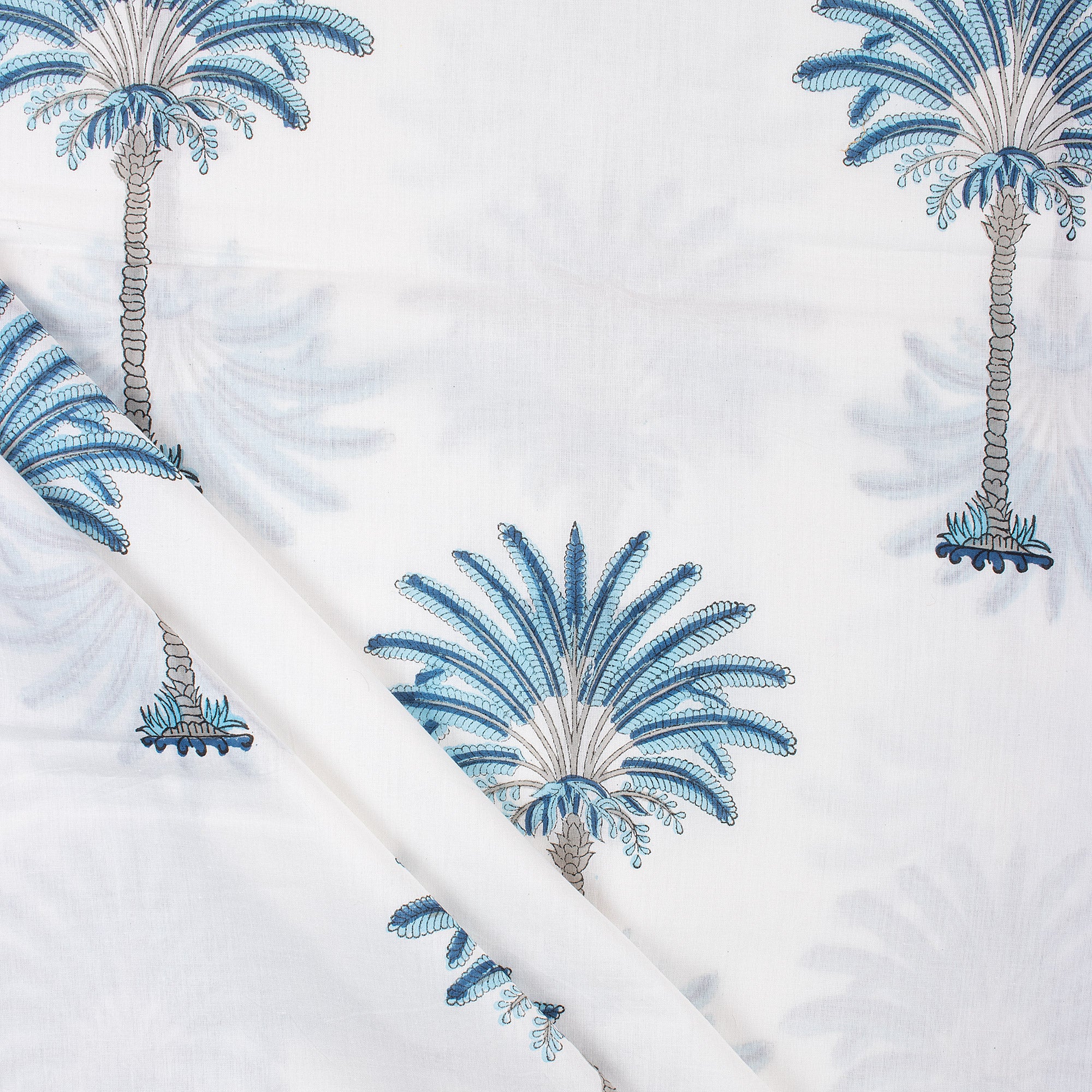 Handmade Blue Palm Tree Block Print Cotton Fabric