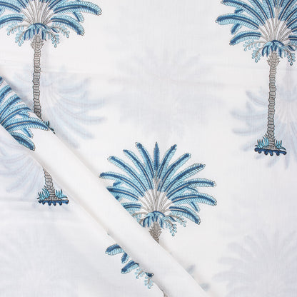 Handmade Blue Palm Tree Block Print Cotton Fabric