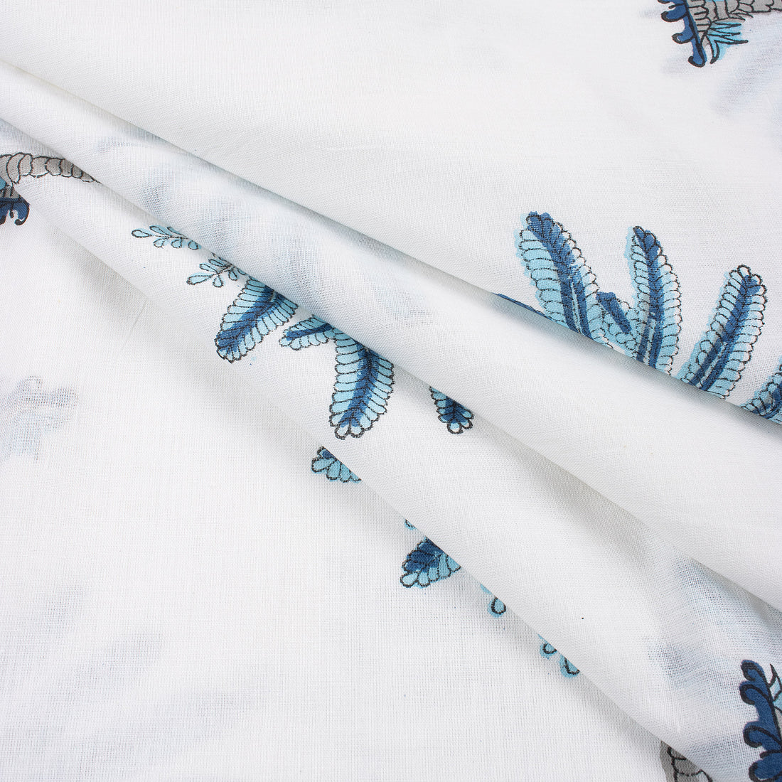 Handmade Blue Palm Tree Block Print Cotton Fabric