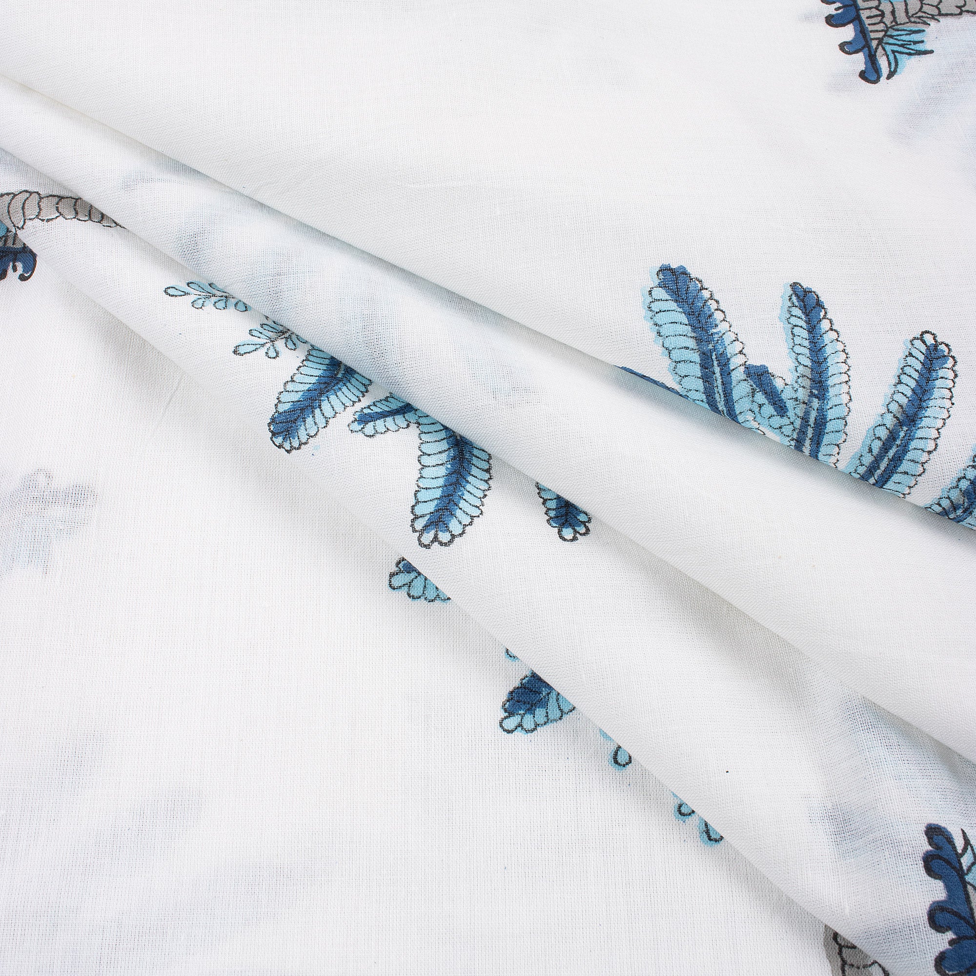 Handmade Blue Palm Tree Block Print Cotton Fabric