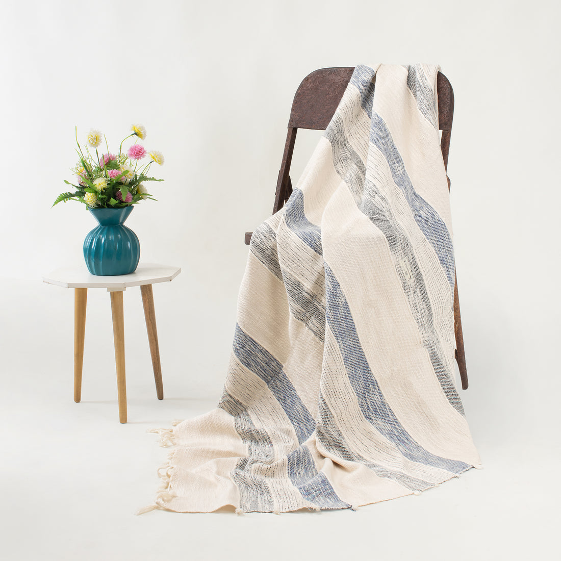 Handmade Cozy Blue Stripe Cotton Knitted Throw Blanket