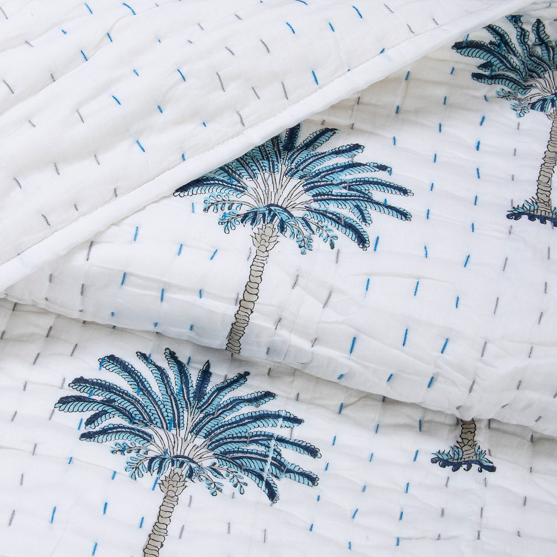 Handmade Indian Palm Tree Cotton Kantha Quilt Blanket