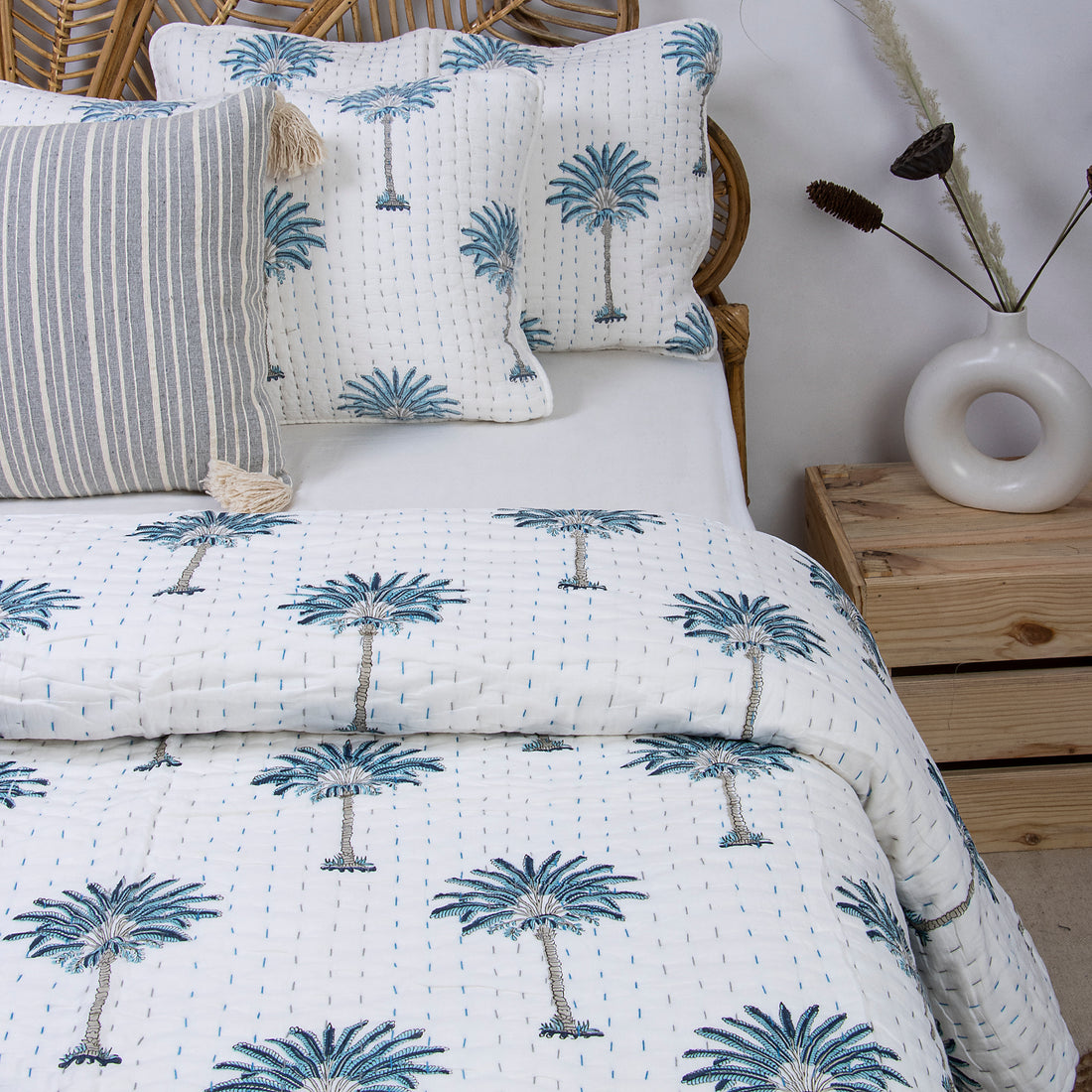 Handmade Indian Palm Tree Cotton Kantha Quilt Blanket