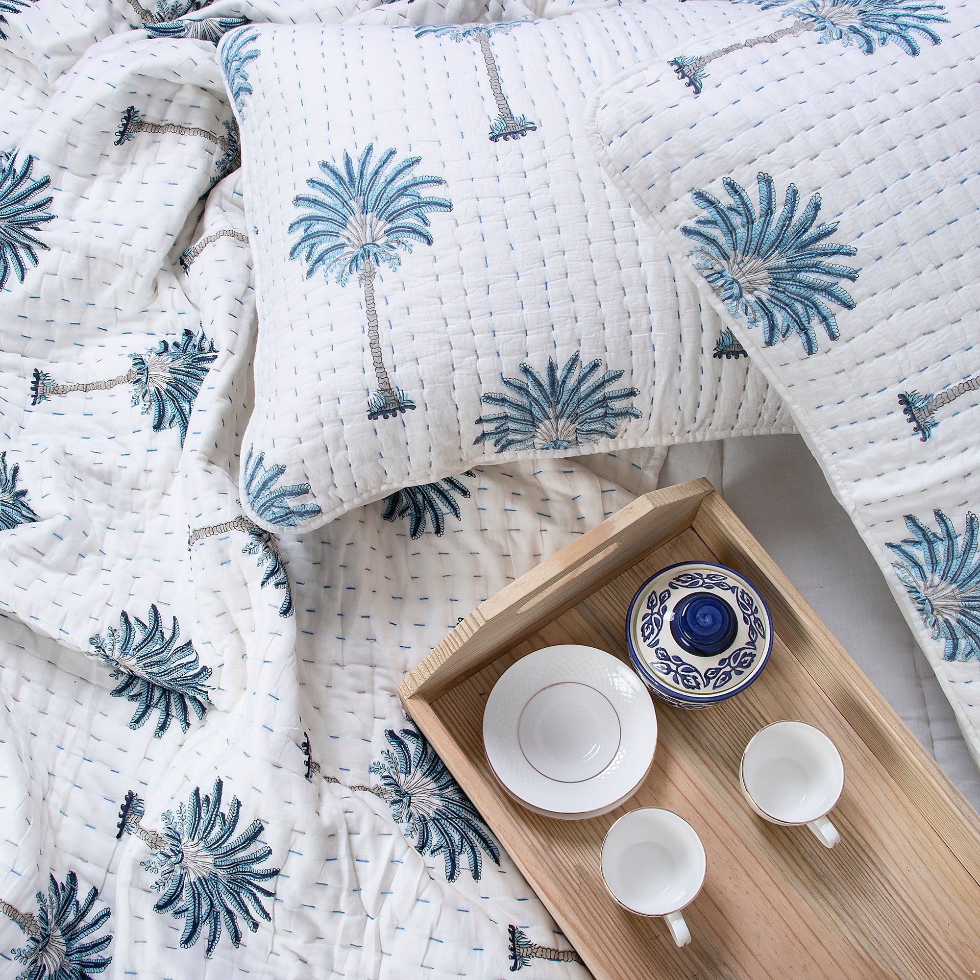 Handmade Indian Palm Tree Cotton Kantha Quilt Blanket