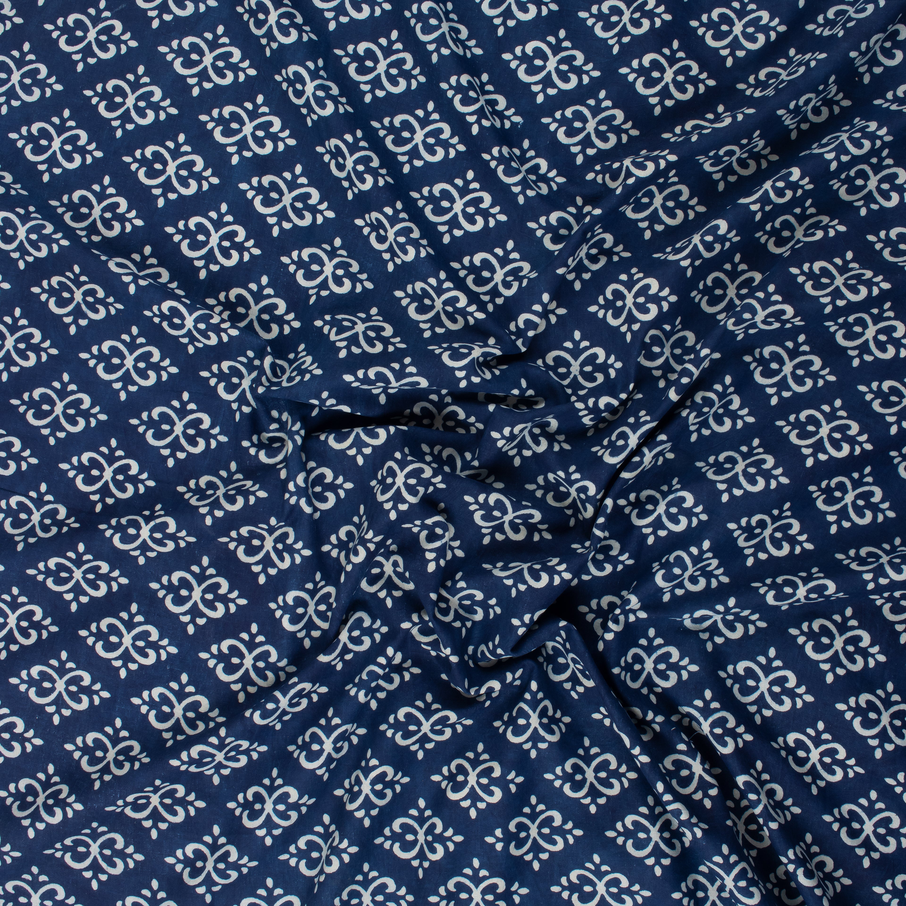 Handmade Indigo Blue Floral Print Cotton Fabric Material