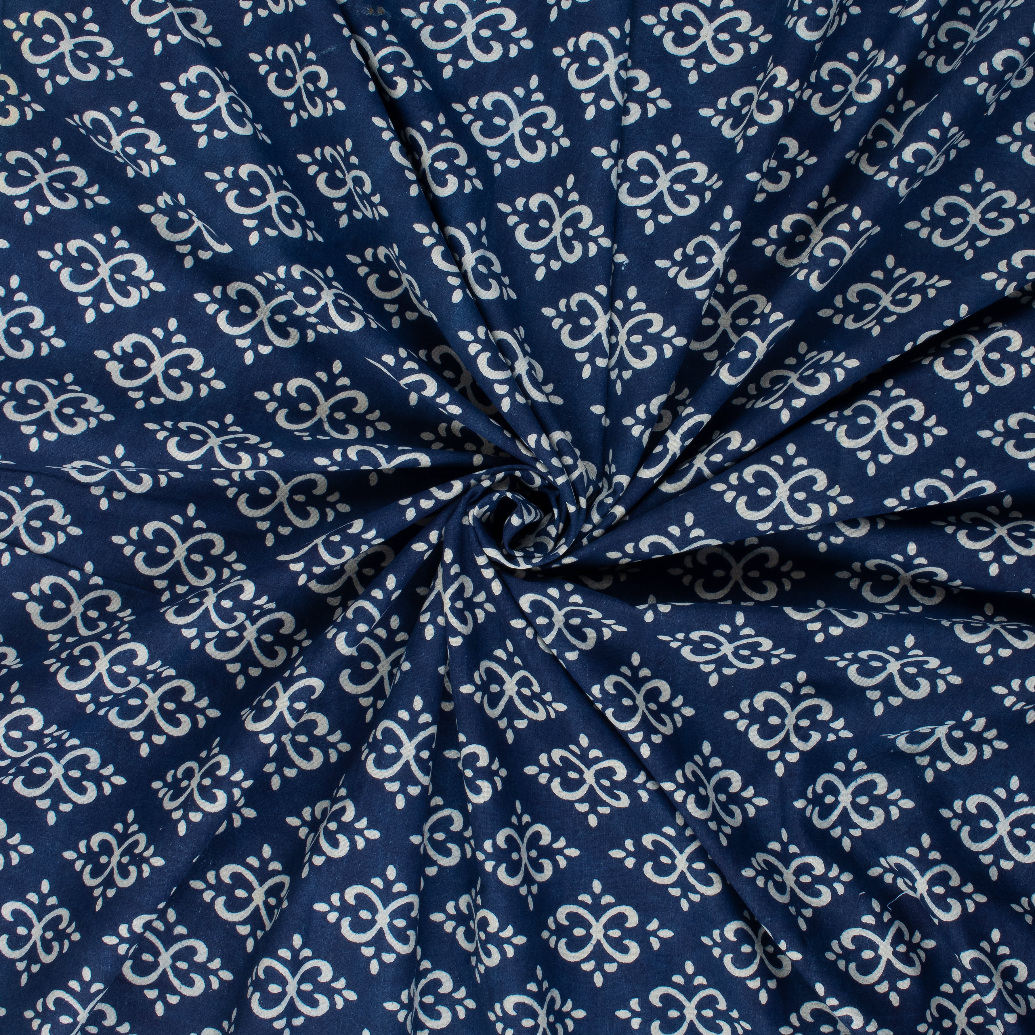 Handmade Indigo Blue Floral Print Cotton Fabric Material