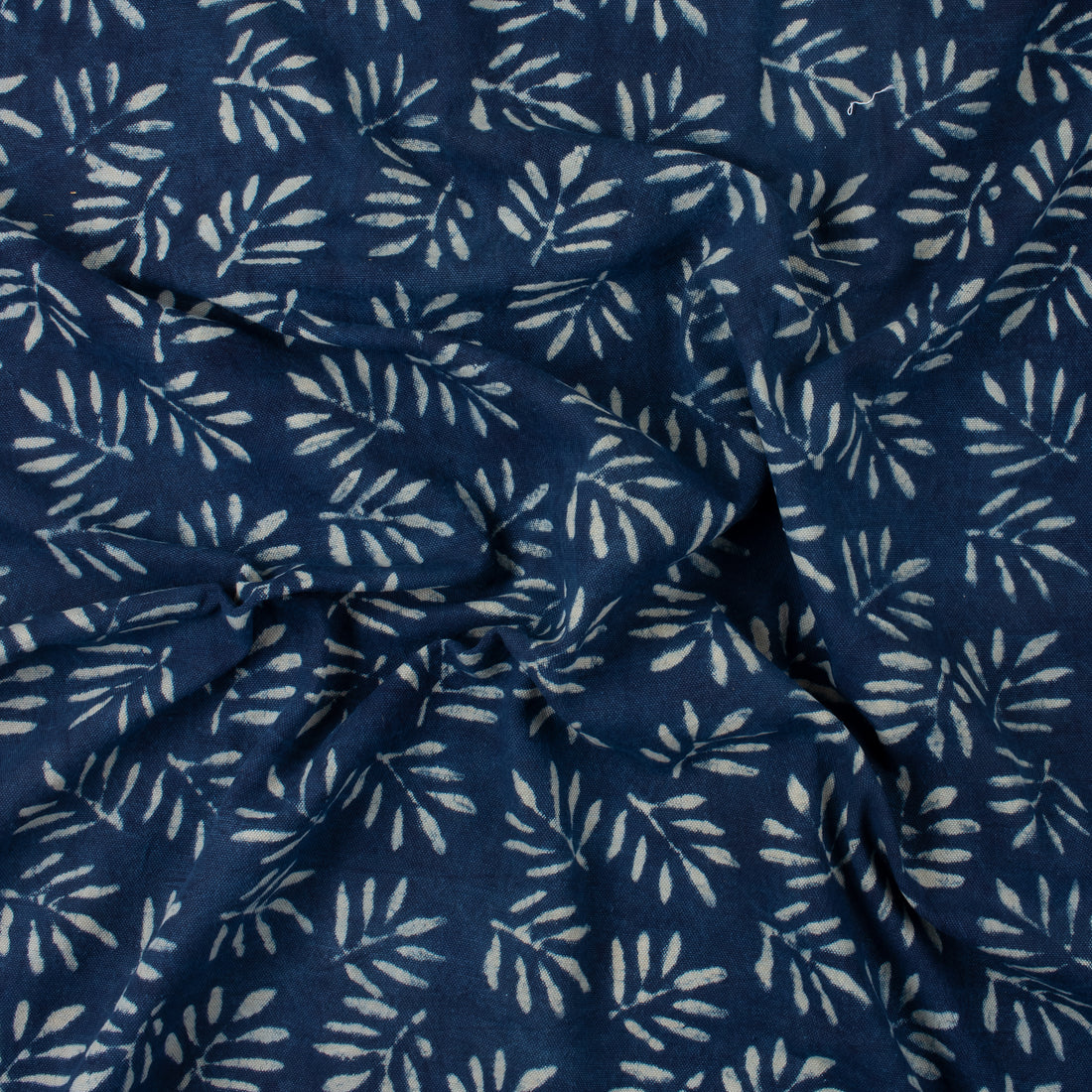 Handmade Leaf Printed Indigo Canvas Fabric By The Yard