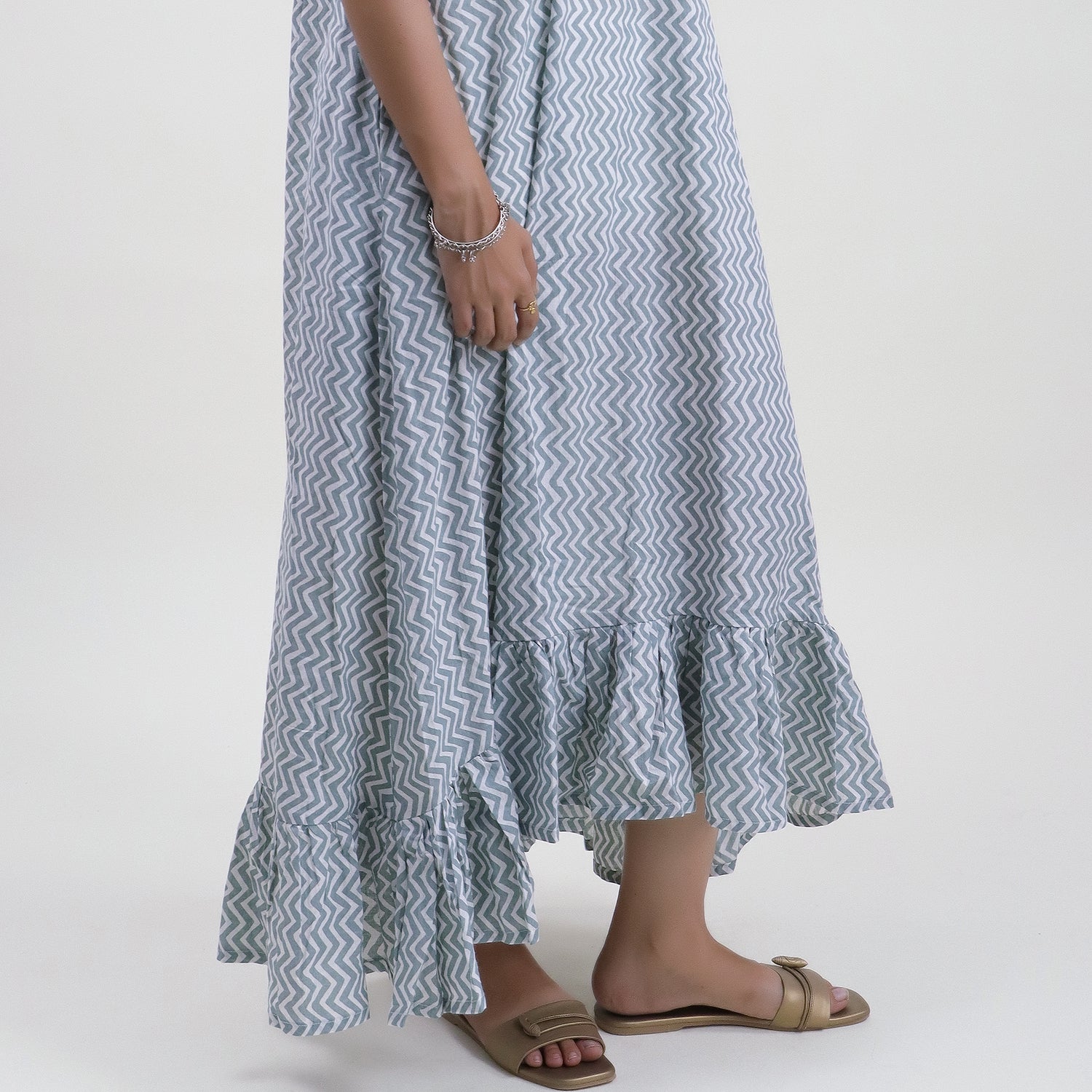 Zig Zag Fancy Blue Midi Dress with Belt