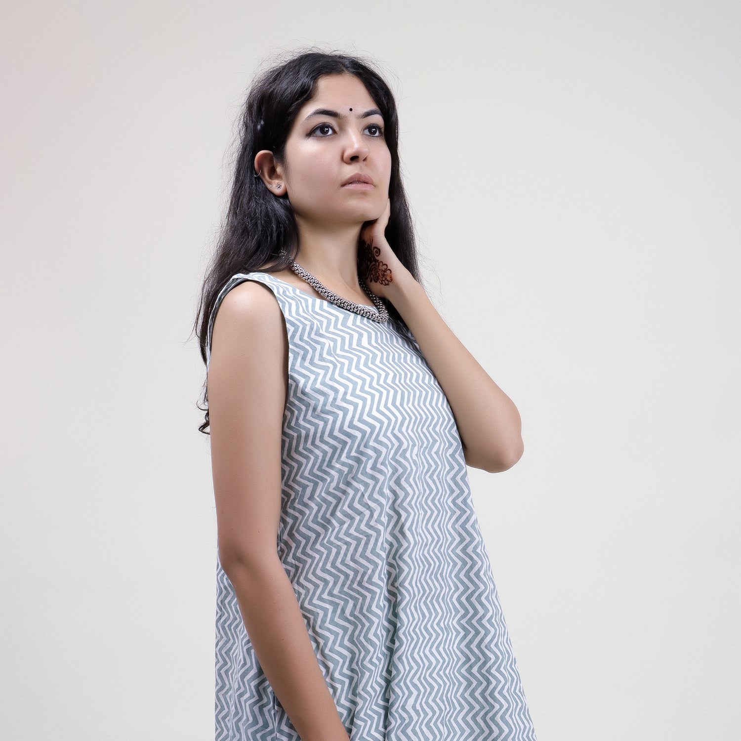 Zig Zag Fancy Blue Midi Dress with Belt