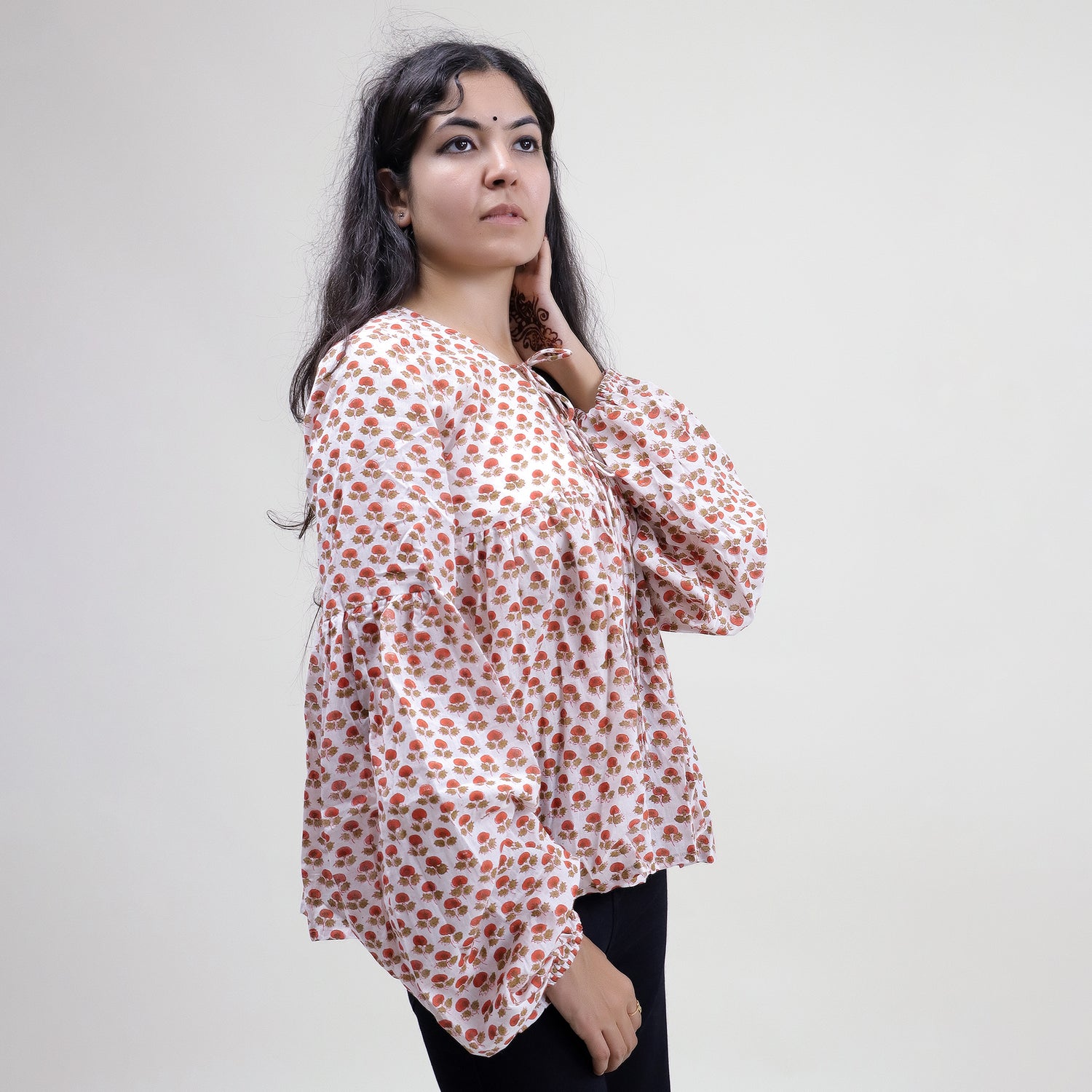 Red Floral Indian V Neck Soft Women&