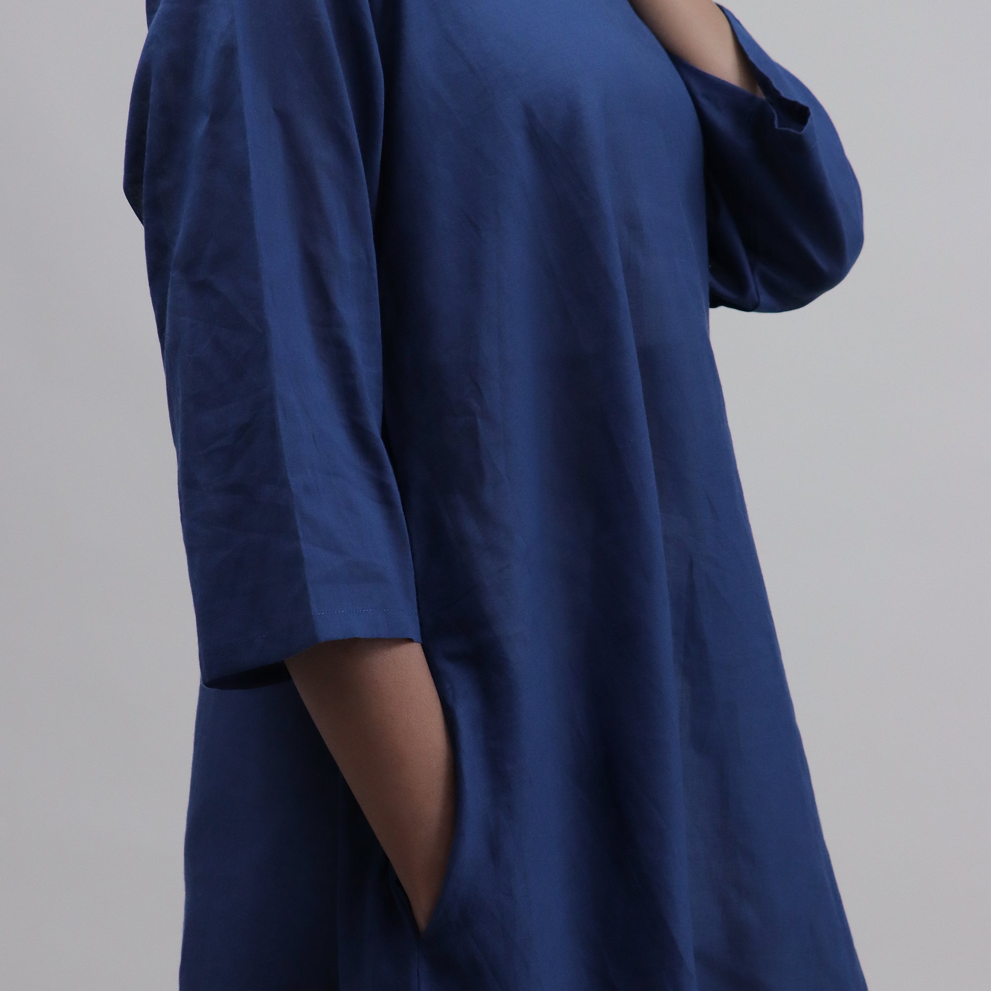 Solid Blue Hand Dyed Cotton Indian Kaftan Dress For Women
