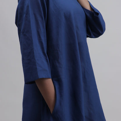 Solid Blue Hand Dyed Cotton Indian Kaftan Dress For Women