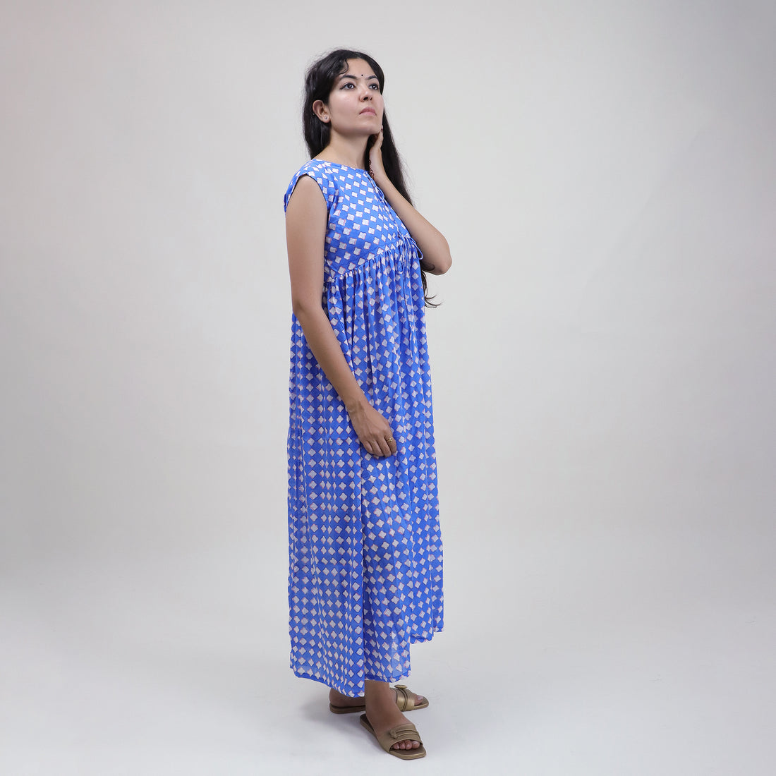 Indian Block Printed Blue Floral Stylish Women Midi Dress