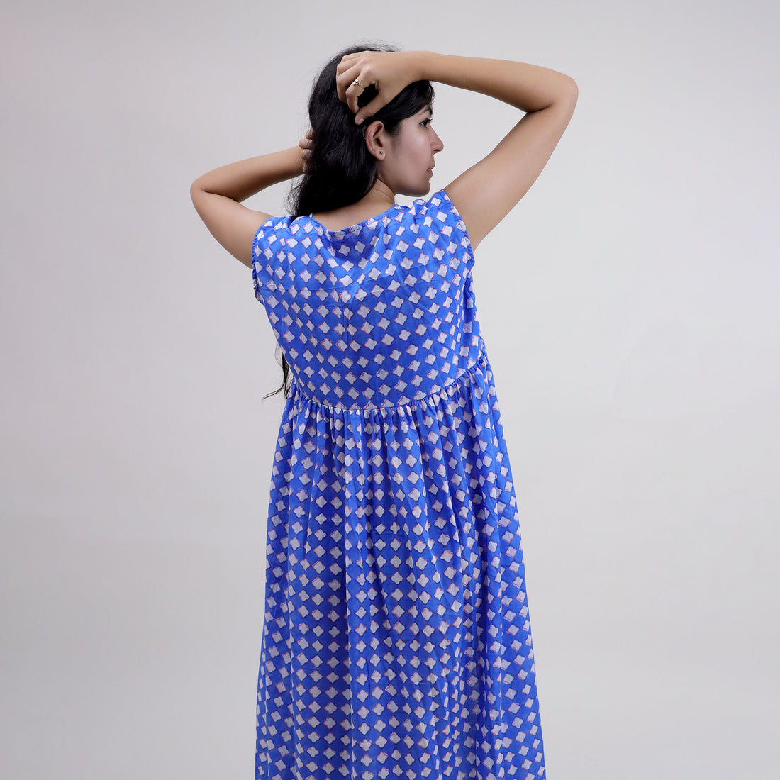 Indian Block Printed Blue Floral Stylish Women Midi Dress