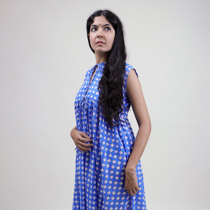 Indian Block Printed Blue Floral Stylish Women Midi Dress