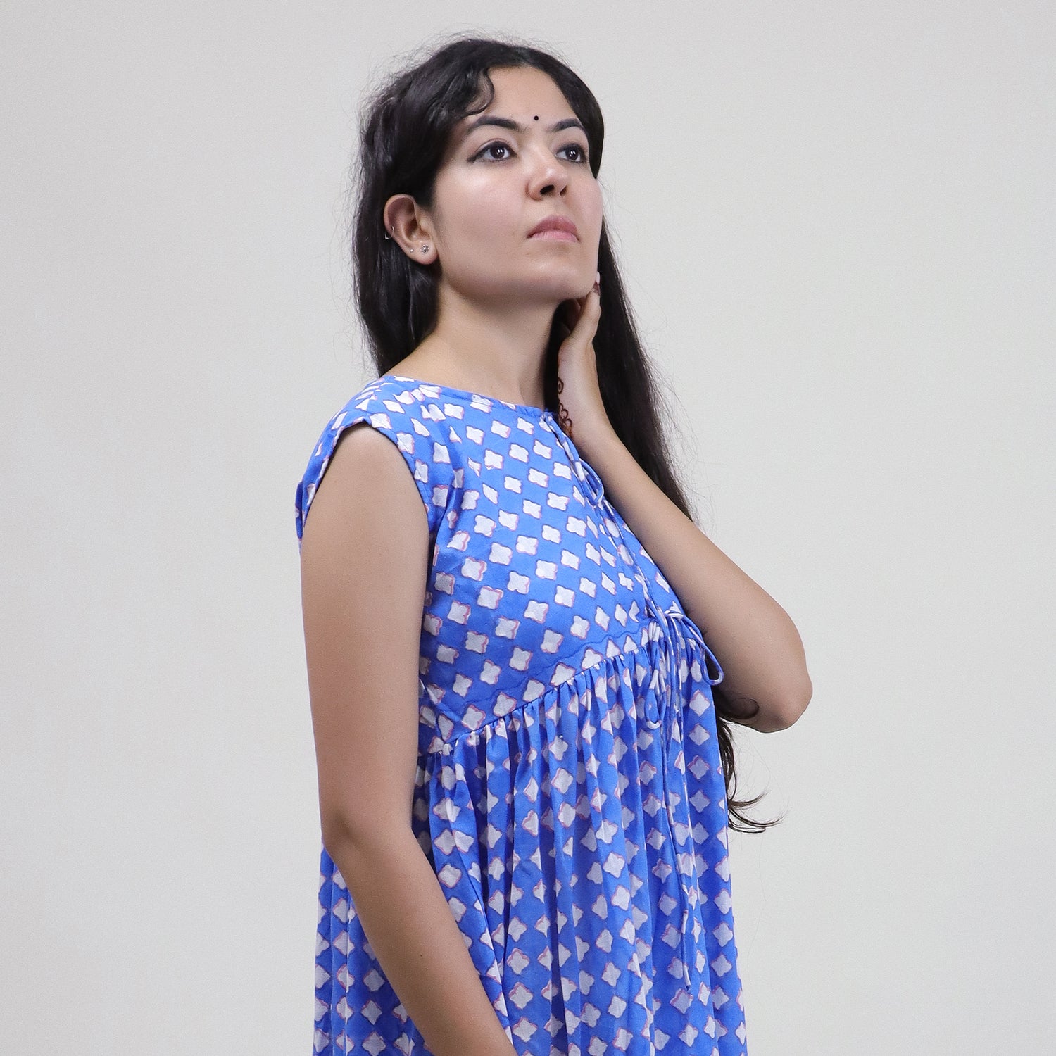 Indian Block Printed Blue Floral Stylish Women Midi Dress