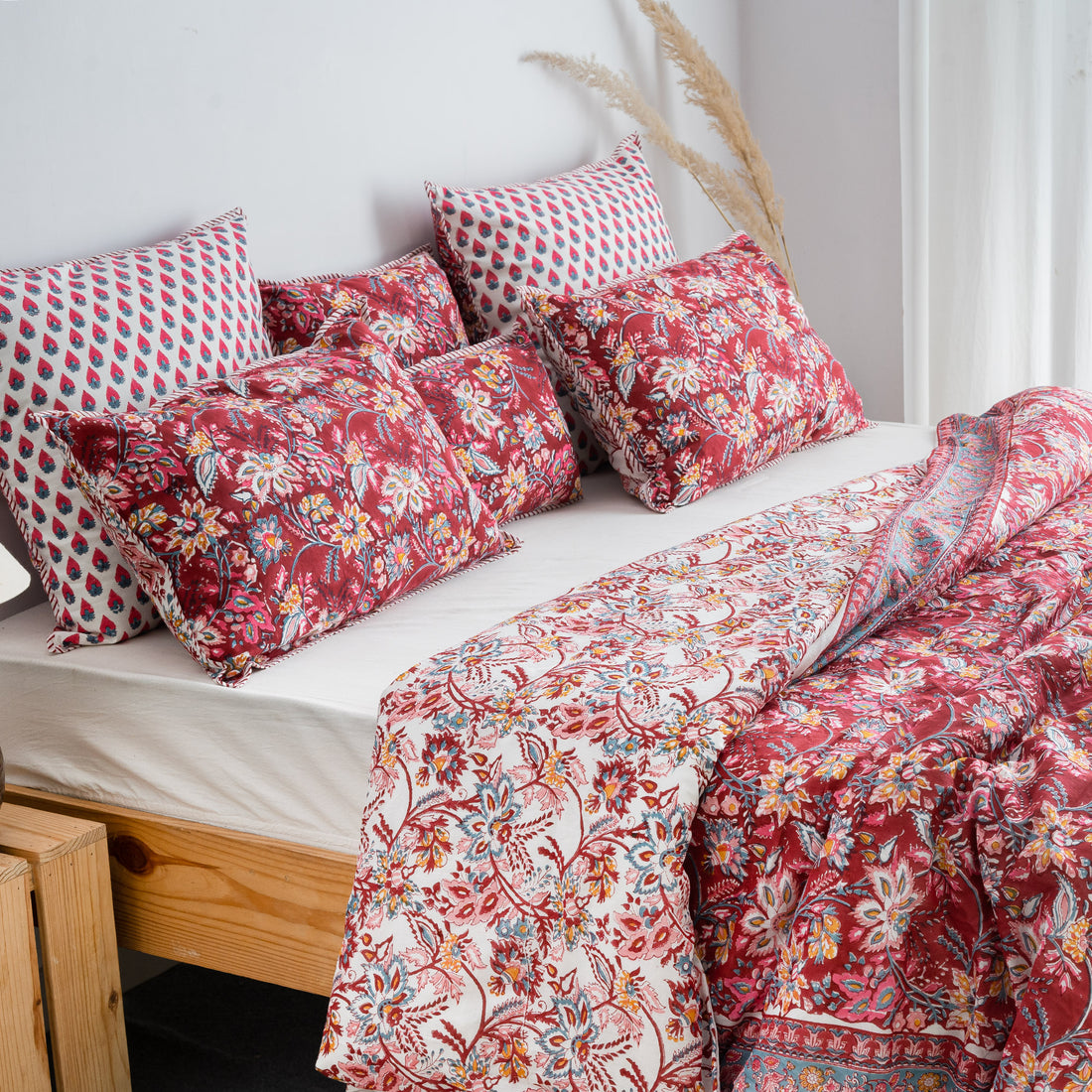Indian Block Printed Reversible Red Floral Duvet Cover