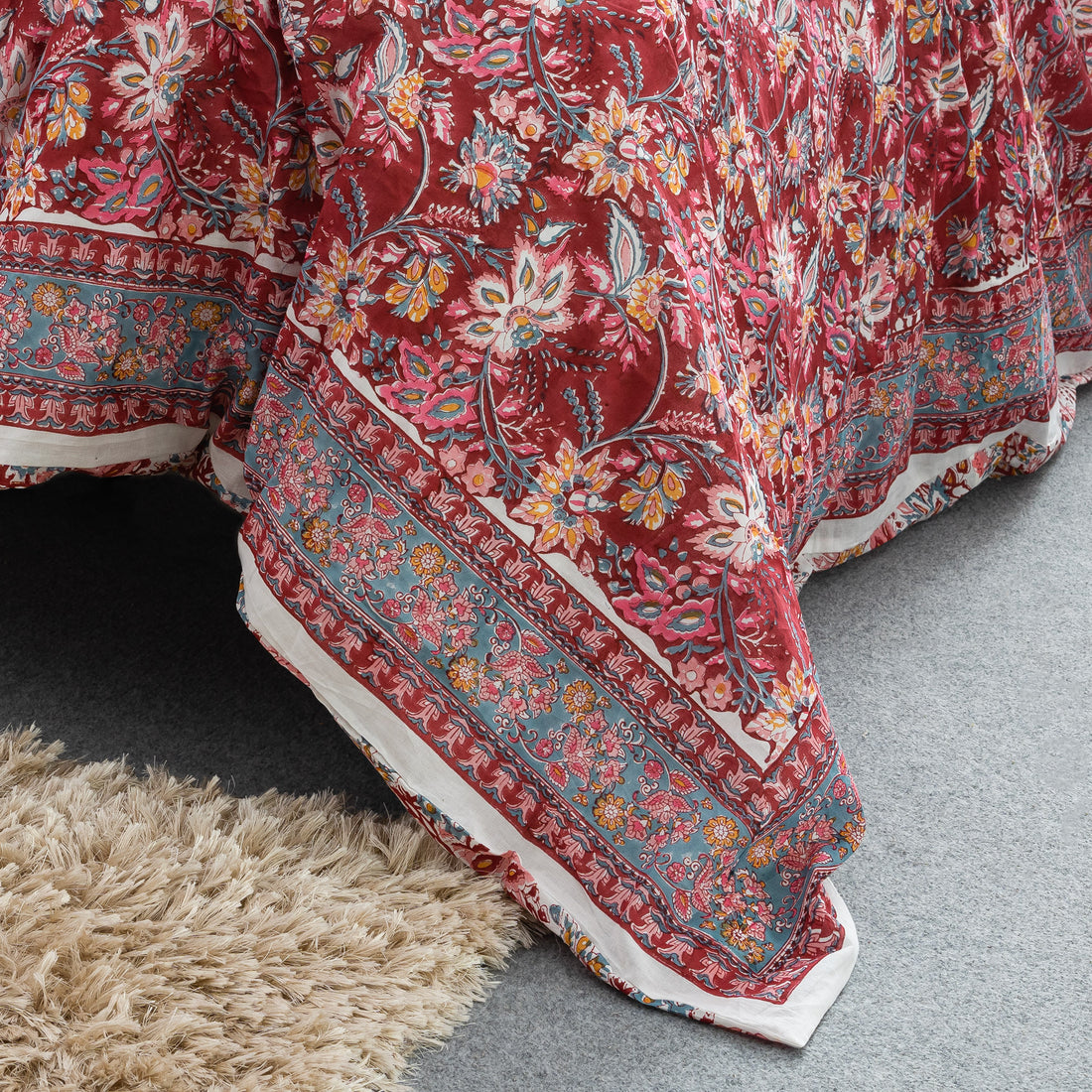 Indian Block Printed Reversible Red Floral Duvet Cover