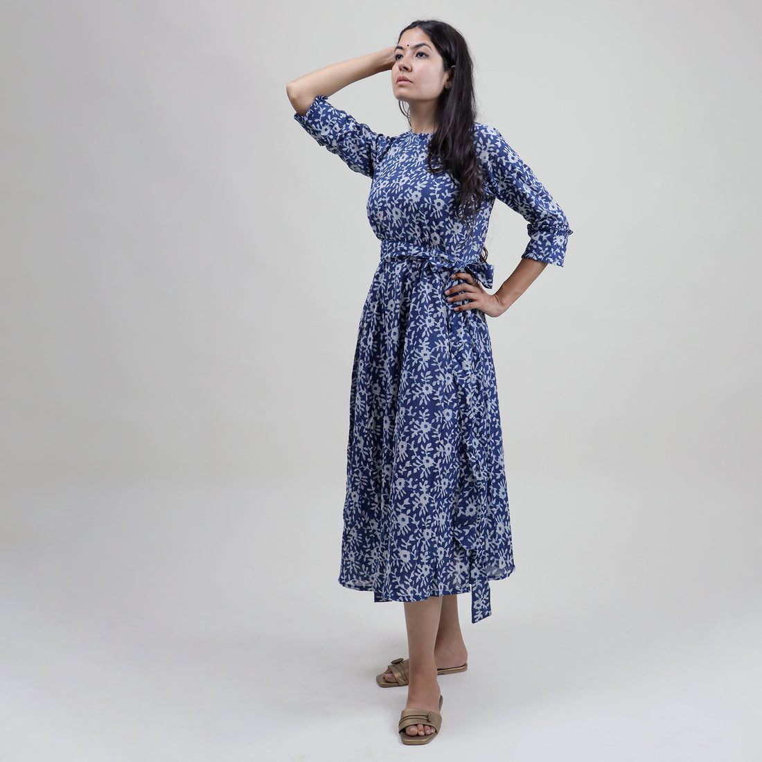 Indian Blue Floral Cotton Midi Dress For Women&