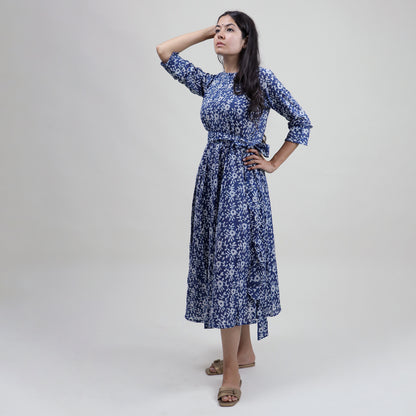 Indian Blue Floral Cotton Midi Dress For Women&