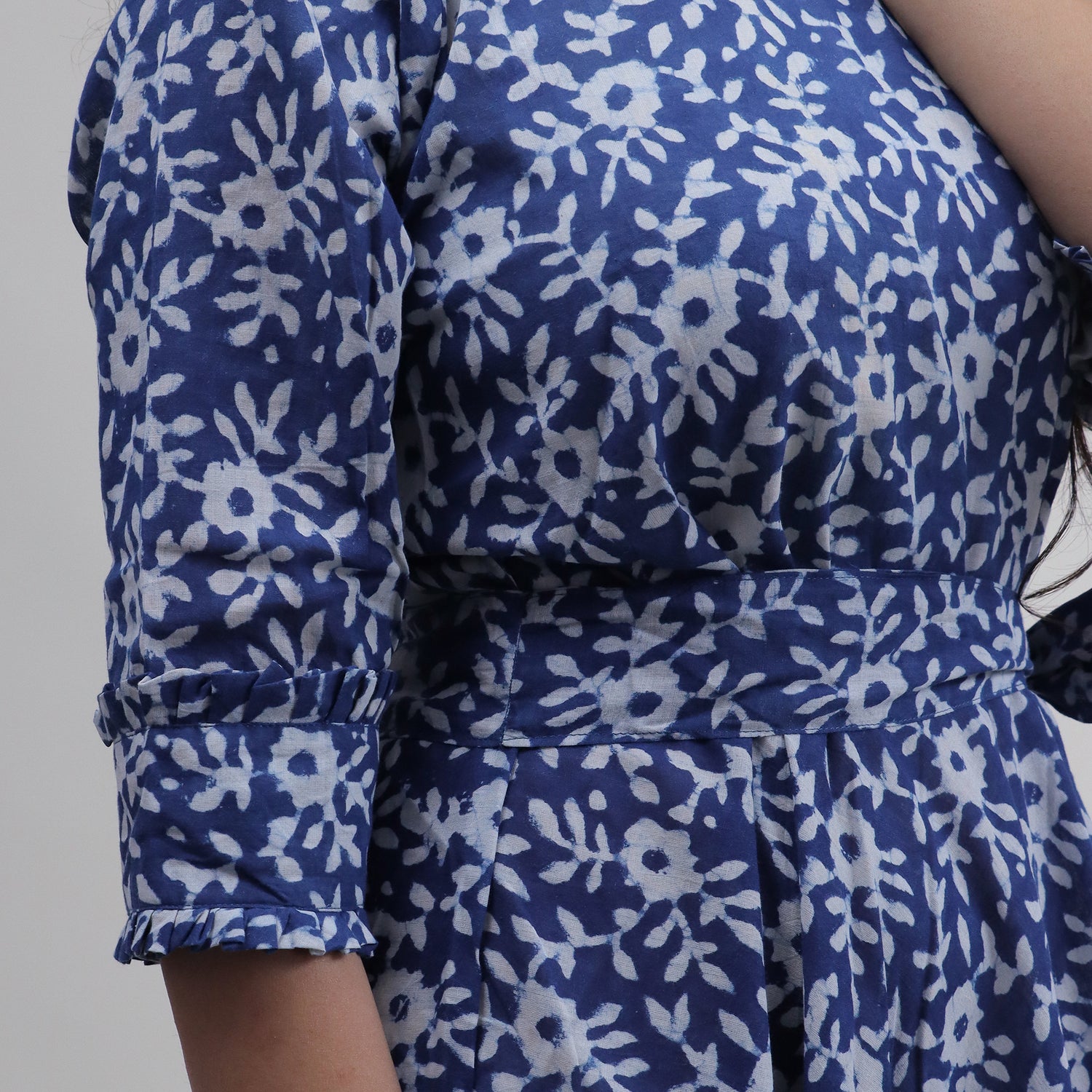 Indian Blue Floral Cotton Midi Dress For Women&