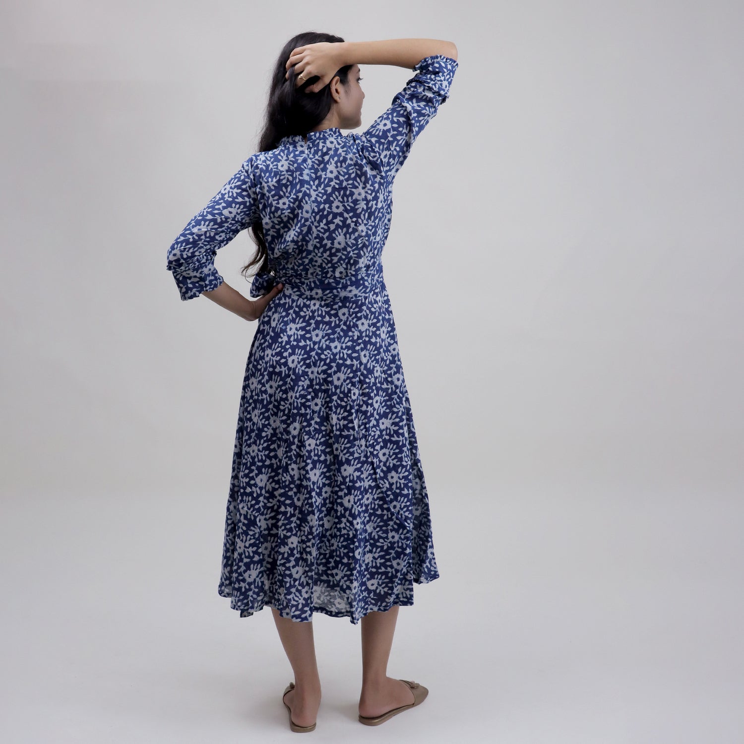 Indian Blue Floral Cotton Midi Dress For Women&