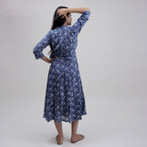 Indian Blue Floral Cotton Midi Dress For Women&