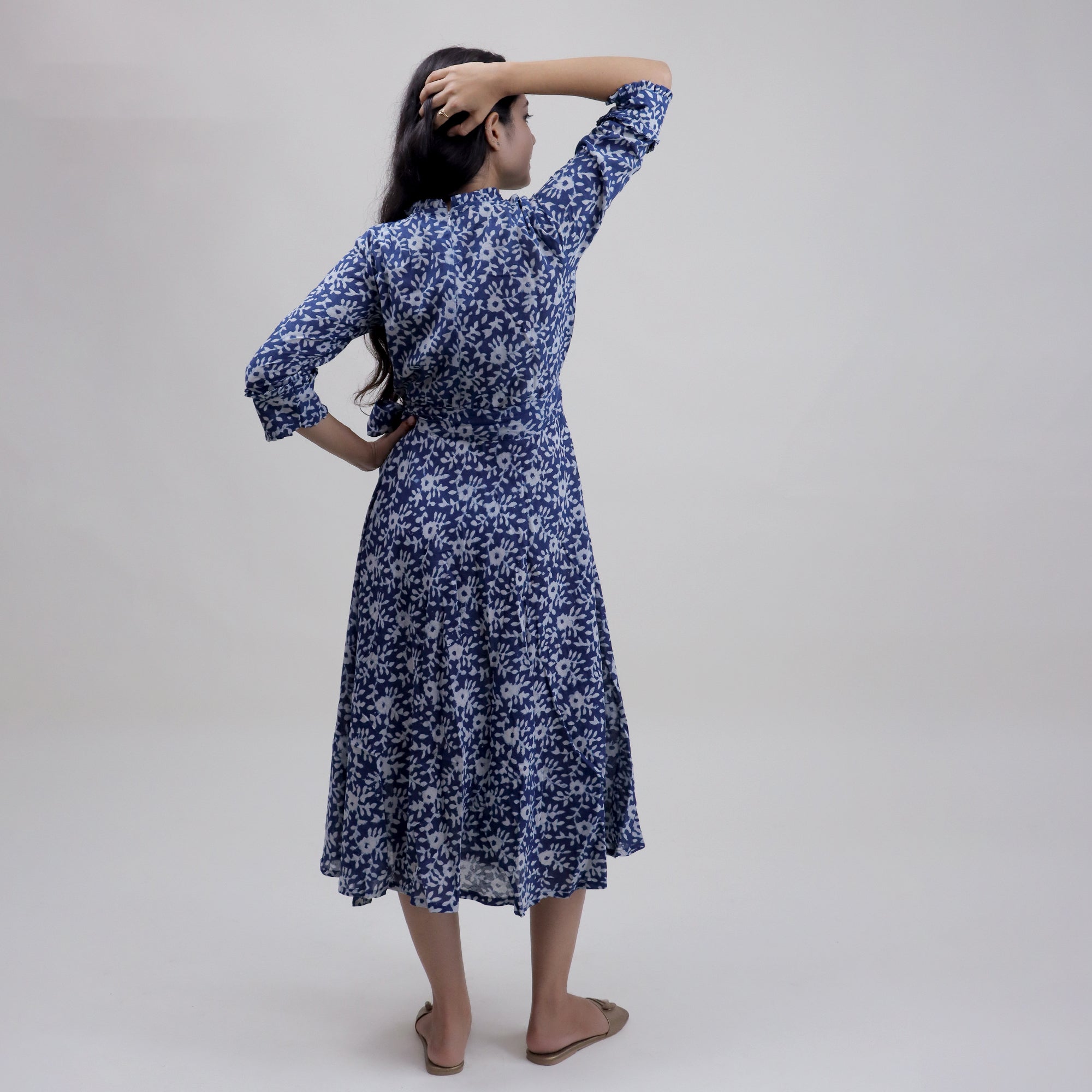 Indian Blue Floral Cotton Midi Dress For Women&