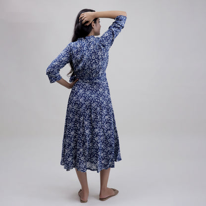 Indian Blue Floral Cotton Midi Dress For Women&