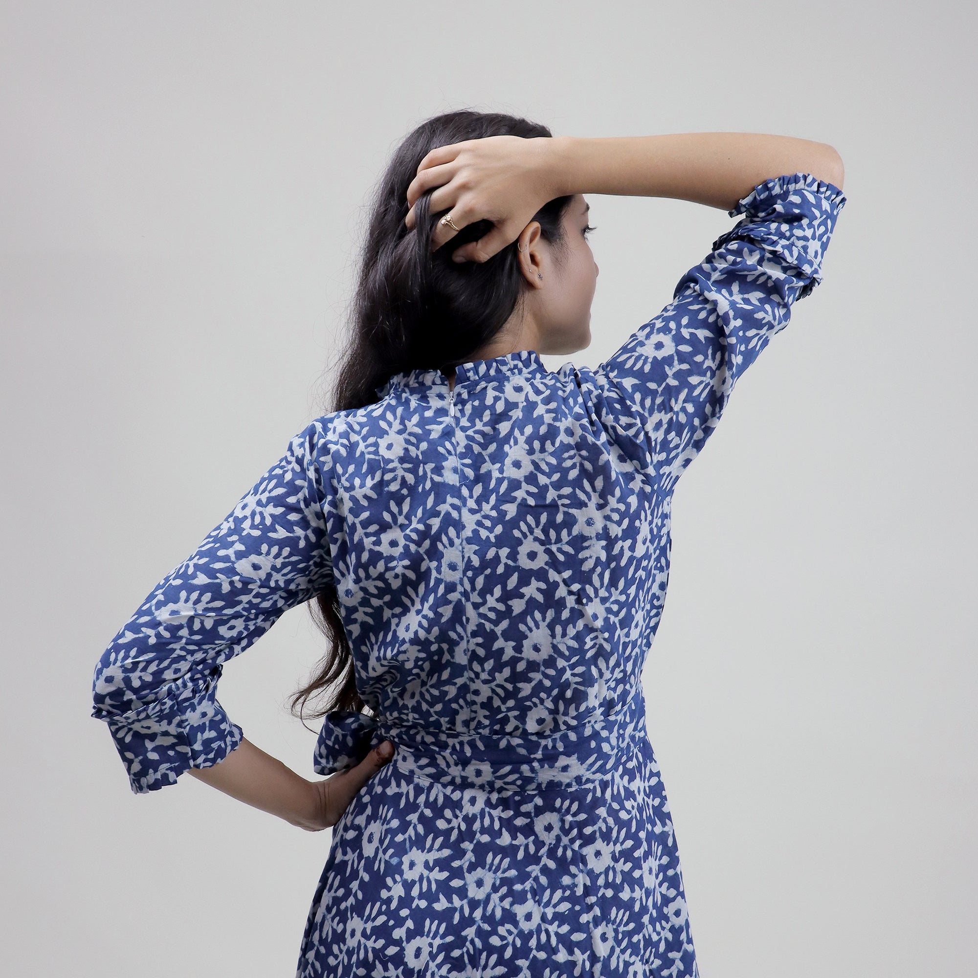 Indian Blue Floral Cotton Midi Dress For Women&