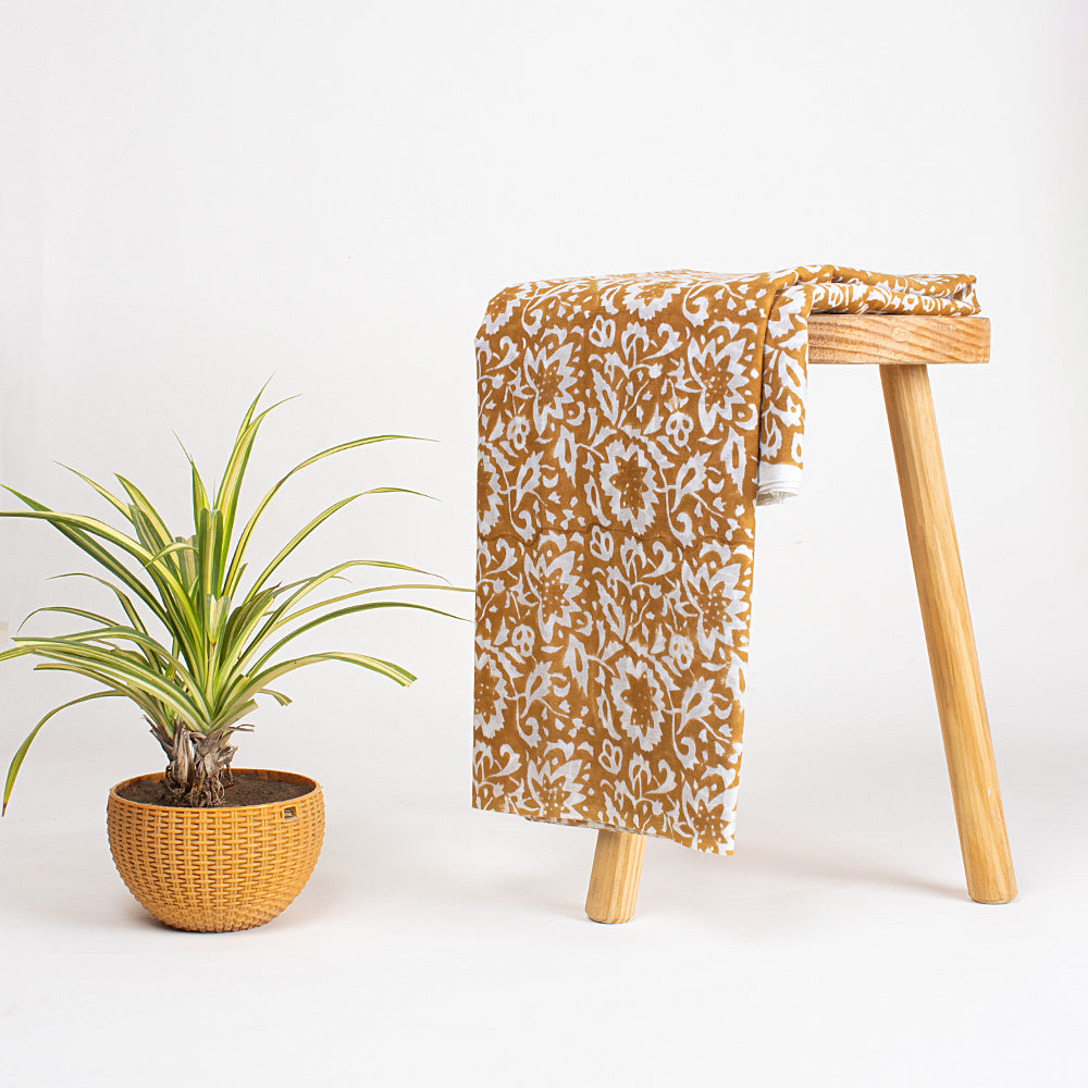 Indian Brown Floral Cotton Hand Block Printed Fabric