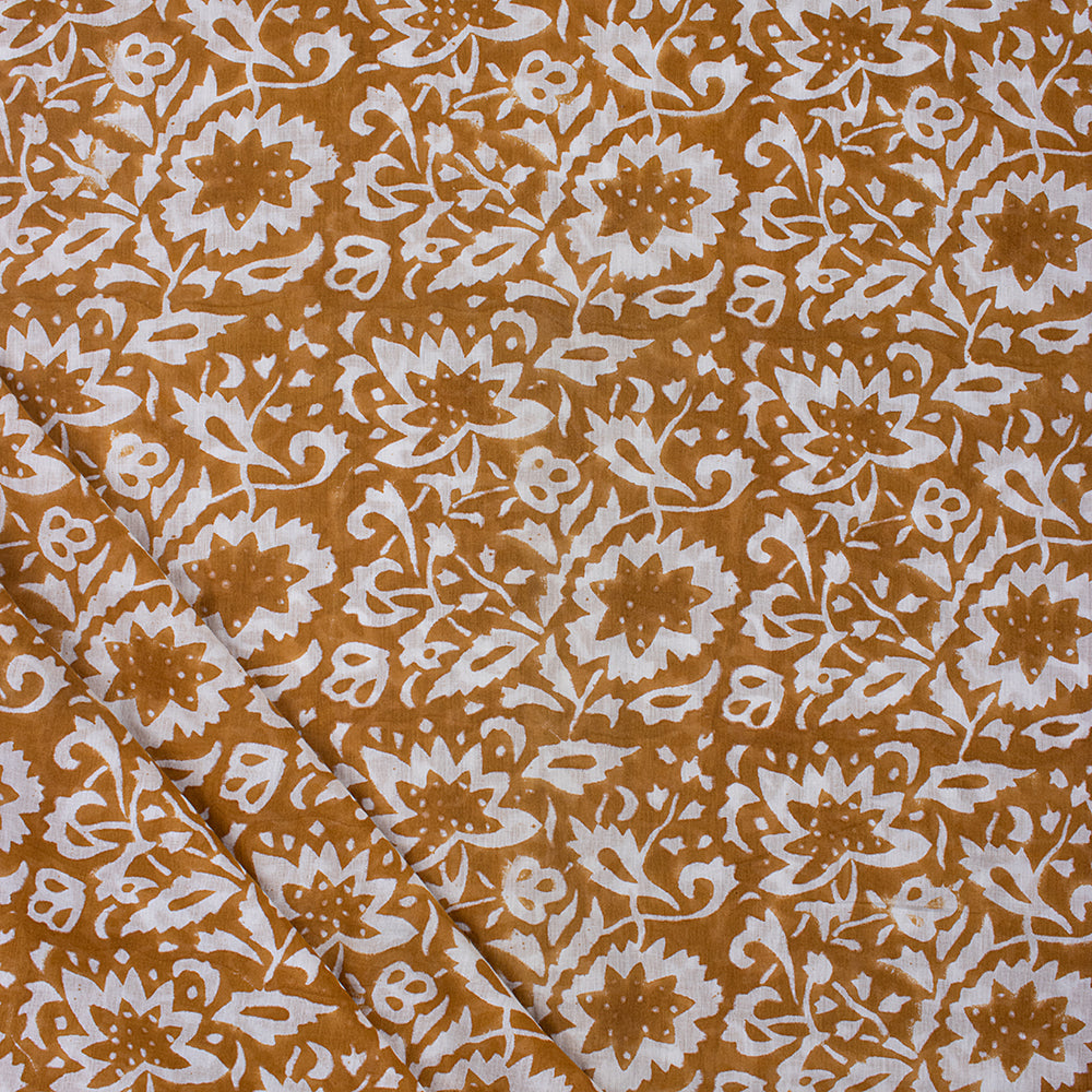Indian Brown Floral Cotton Hand Block Printed Fabric