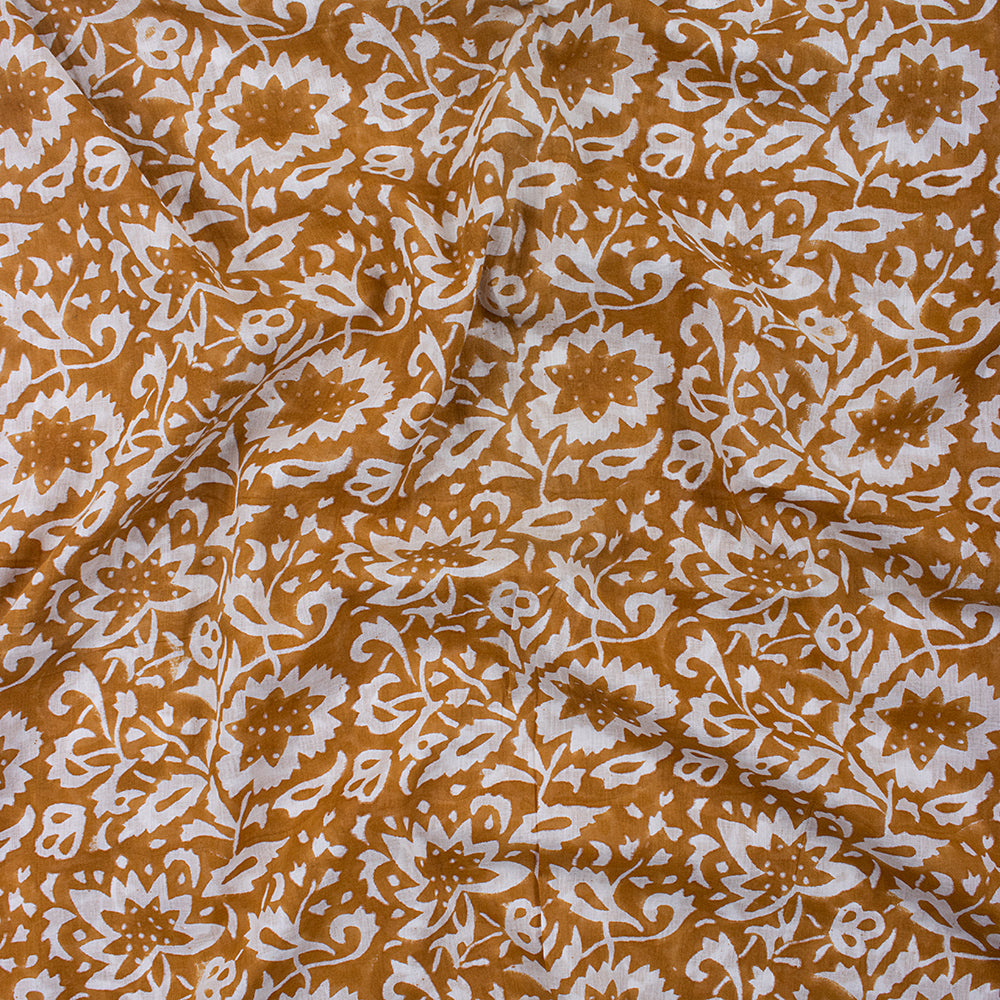 Indian Brown Floral Cotton Hand Block Printed Fabric