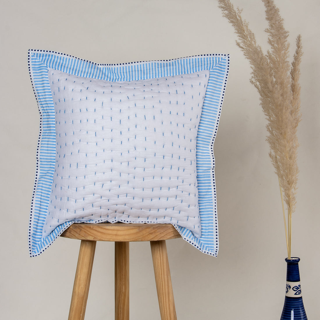 Indian Cotton Blue Striped Kantha Cotton Cushion Cover
