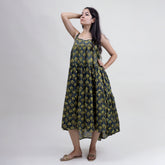 Indian Cotton Hand Block Print Midi Dress For Women