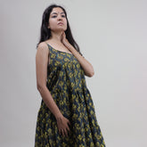 Indian Cotton Hand Block Print Midi Dress For Women