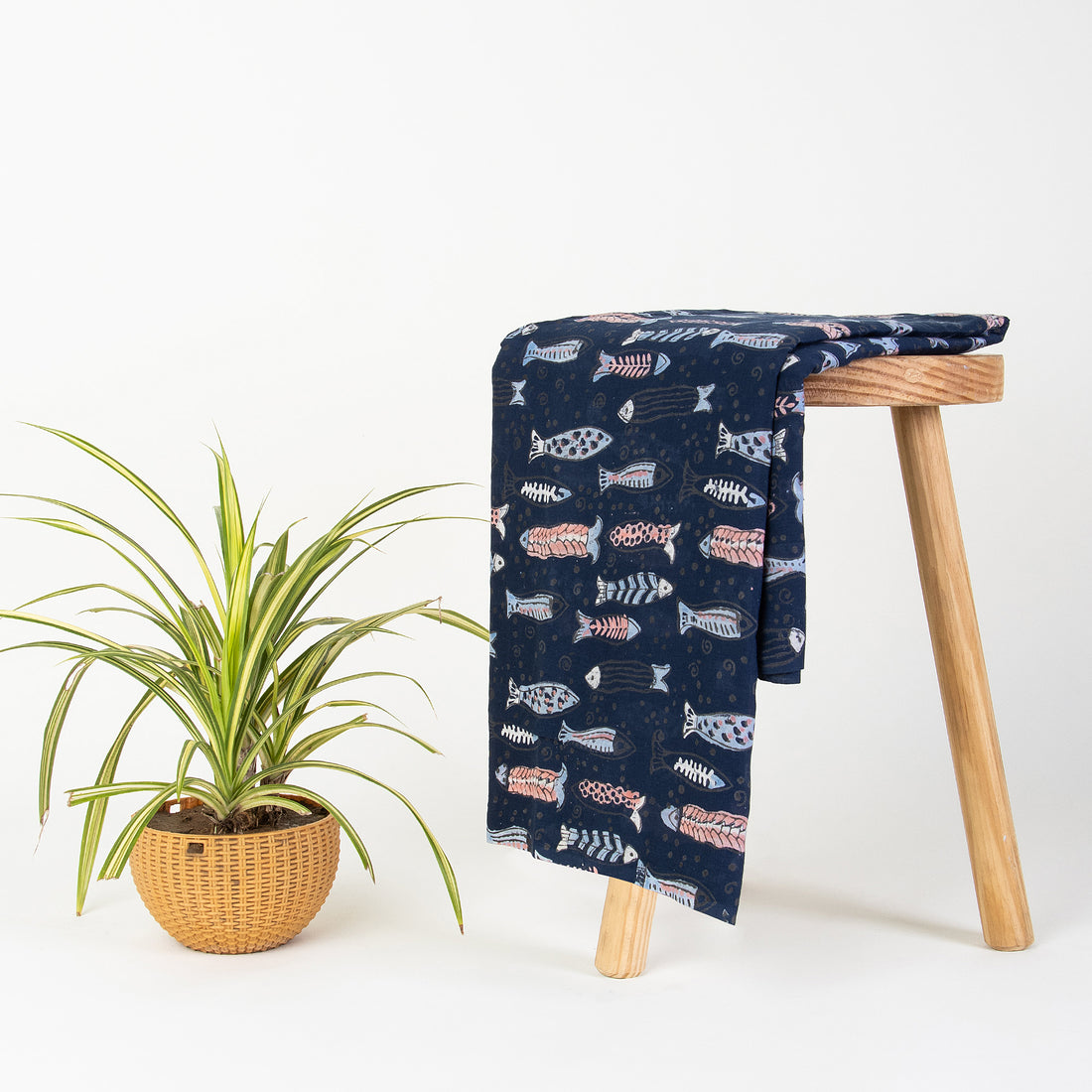 Indian Fish Indigo Hand Block Print Cotton Fabric