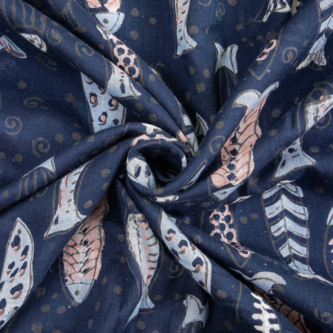 Indian Fish Indigo Hand Block Print Cotton Fabric