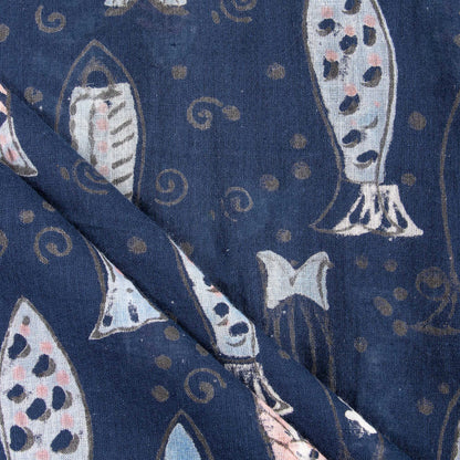 Indian Fish Indigo Hand Block Print Cotton Fabric