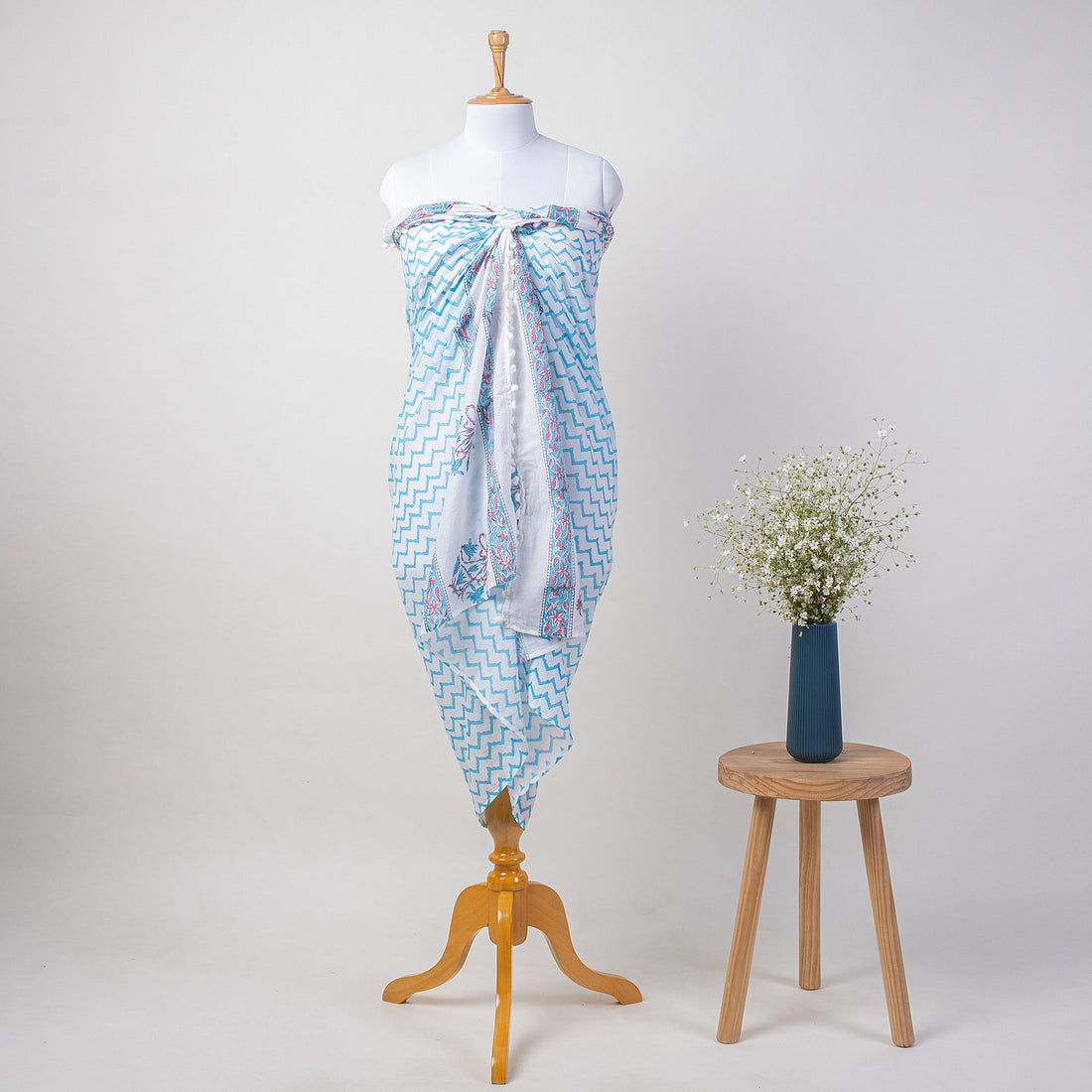 Indian Hand Block Blue Zig Zag Beach Sarog Wrap For Women