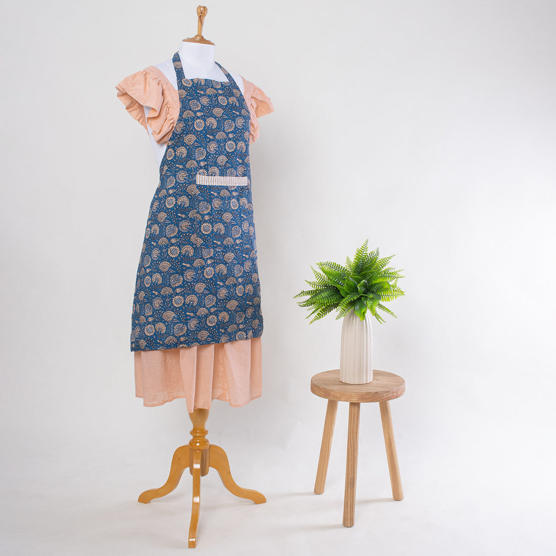Indian Hand Block Printed Blue Floral Aprons for Women