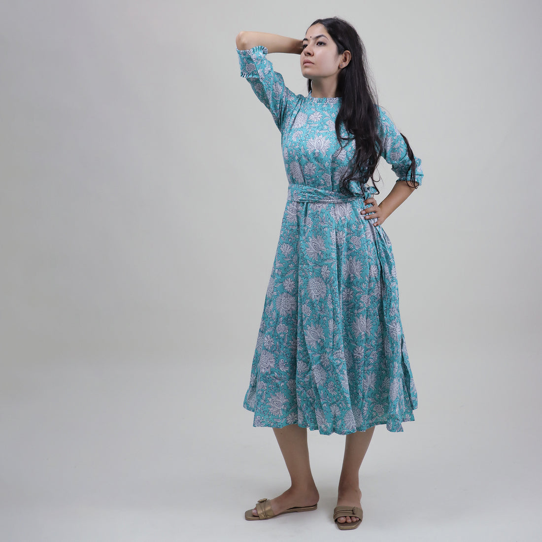 Indian Hand Block Printed Cotton Womens Midi Dress