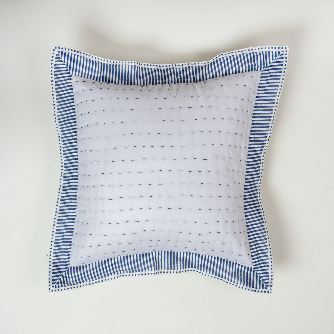 Indian Hand Kantha Stitched Cotton Blue Stirped Pillow Covers