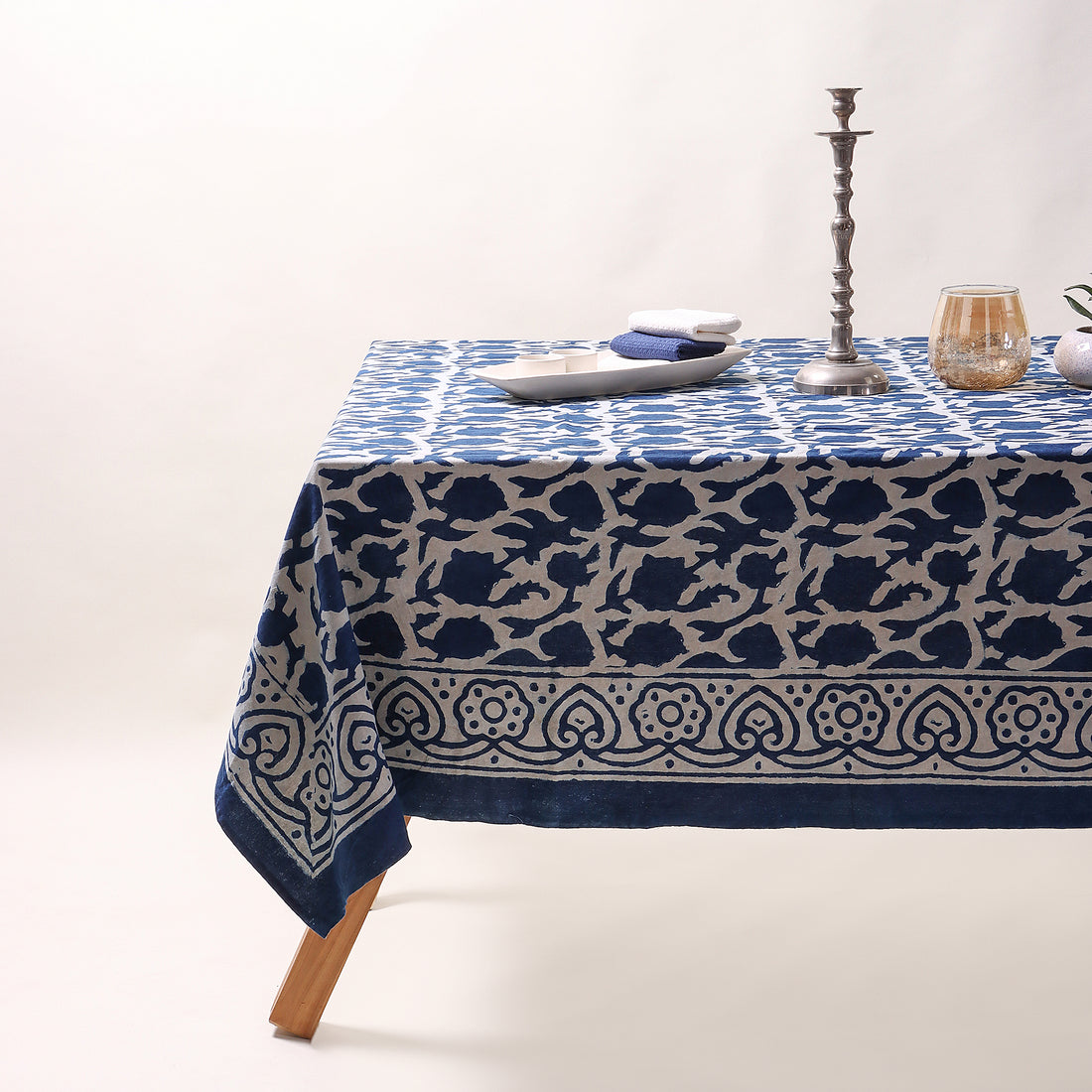 Indian Indigo Blue Hand Block Printed Cotton Dining Table Cover