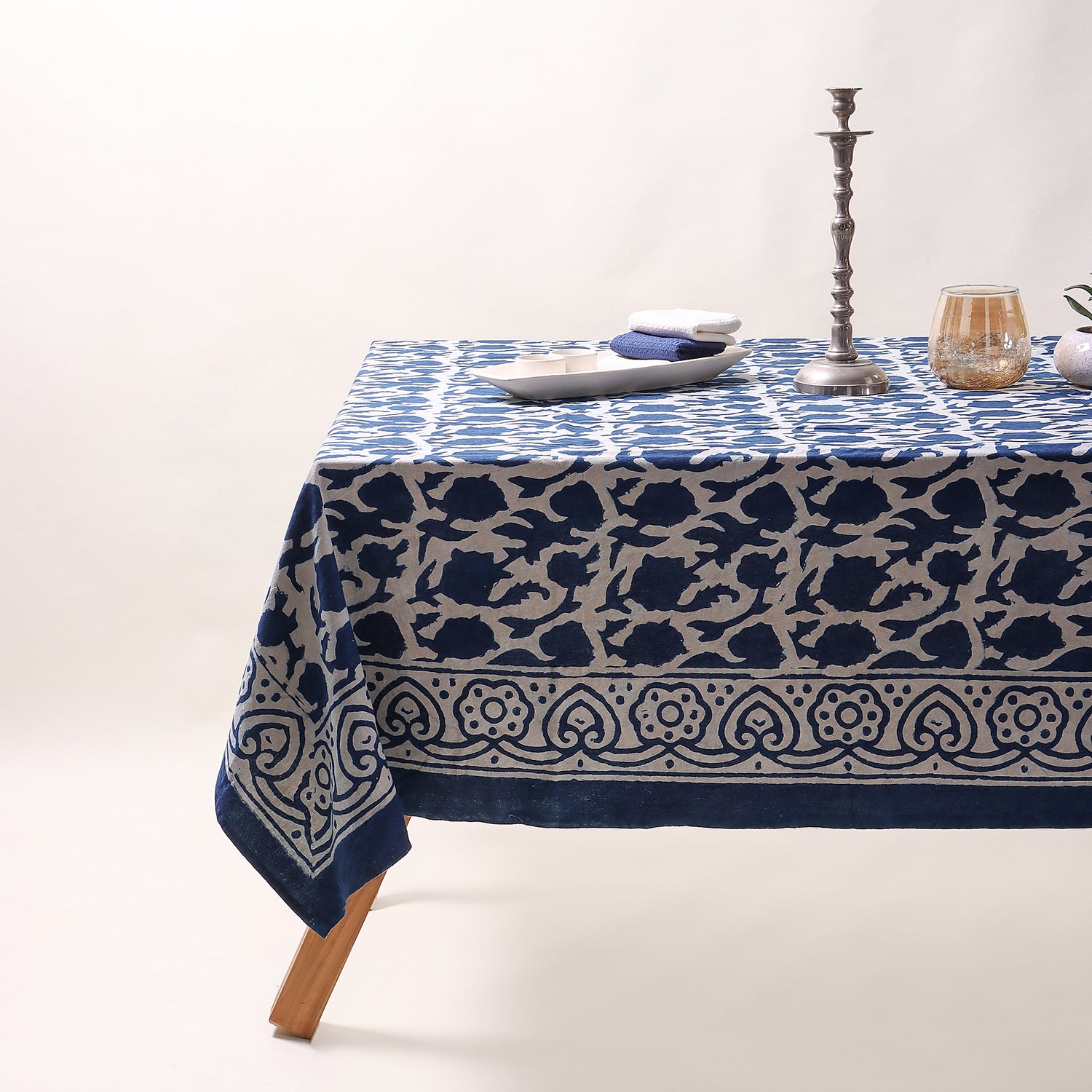 Indian Indigo Blue Hand Block Printed Cotton Dining Table Cover