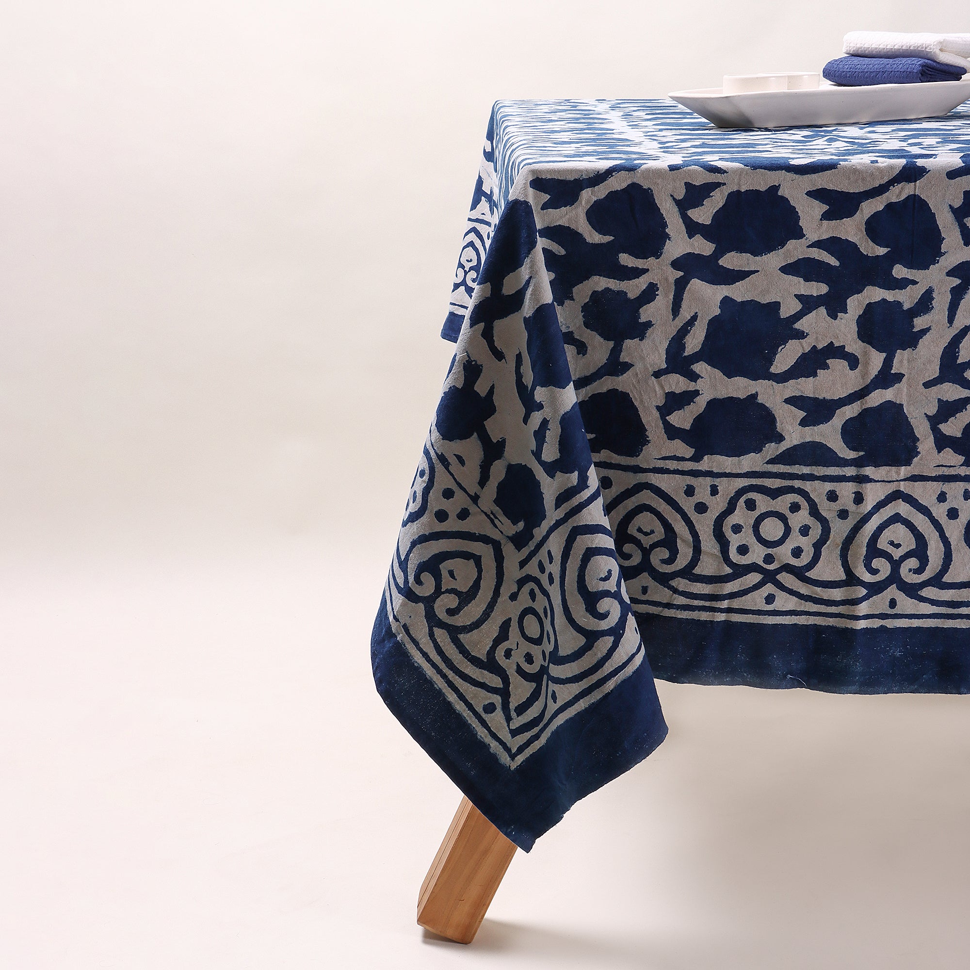 Indian Indigo Blue Hand Block Printed Cotton Dining Table Cover