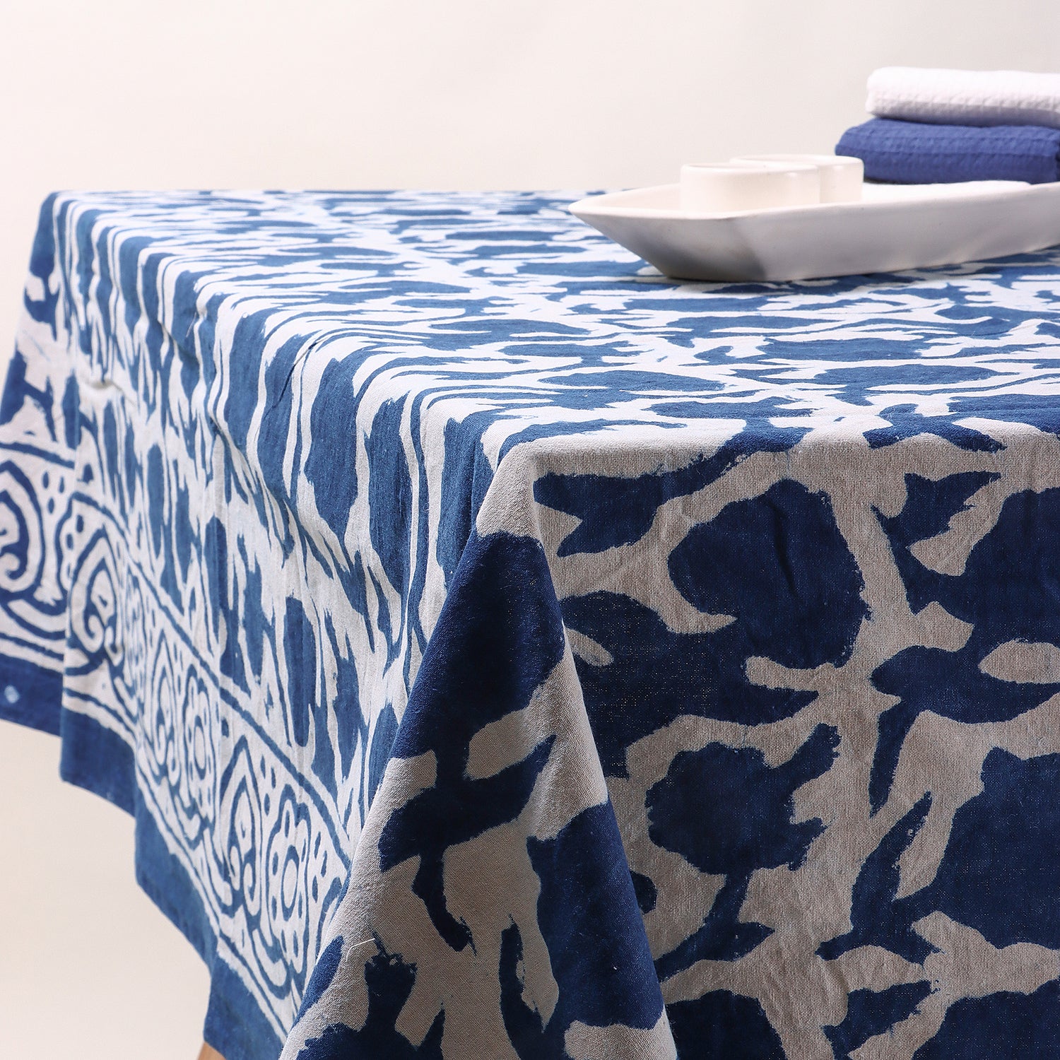 Indian Indigo Blue Hand Block Printed Cotton Dining Table Cover